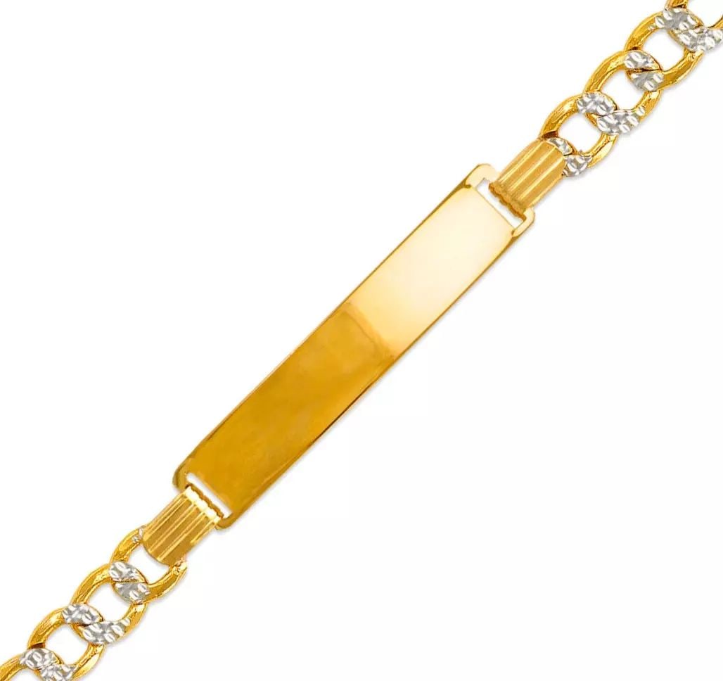 NEW 14K YELLOW GOLD WITH WHITE PAVE FIGARO ID BRACELET 14K White Pave Gold 150 Gauge High: NEW 14K YELLOW GOLD WITH WHITE PAVE FIGARO ID BRACELET 14K White Pave Gold 150 Gauge High Polished/Diamond Cut Hollow Lobster Lock Available in Yellow and Tricolor Gold Length : 7" Inch Weight: 8.7 Gr