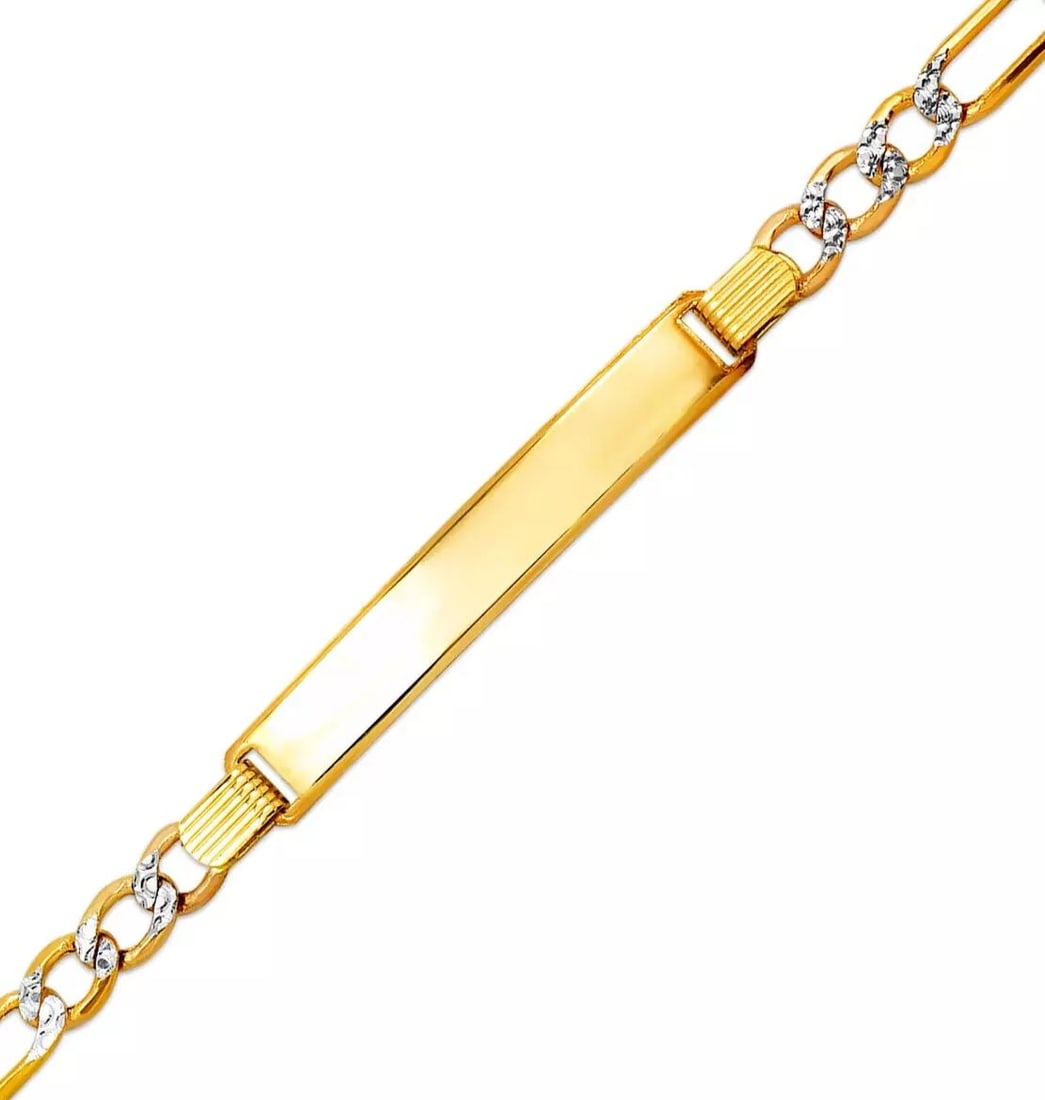 NEW 14K YELLOW GOLD WITH WHITE PAVE HOLLOW FIGARO PAVE ID BRACELET 14K Yellow Gold With White Pave: NEW 14K YELLOW GOLD WITH WHITE PAVE HOLLOW FIGARO PAVE ID BRACELET 14K Yellow Gold With White Pave 120 Gauge High Polished/Diamond Cut Hollow Lobster Lock Available in Yellow and Tricolor Gold Length