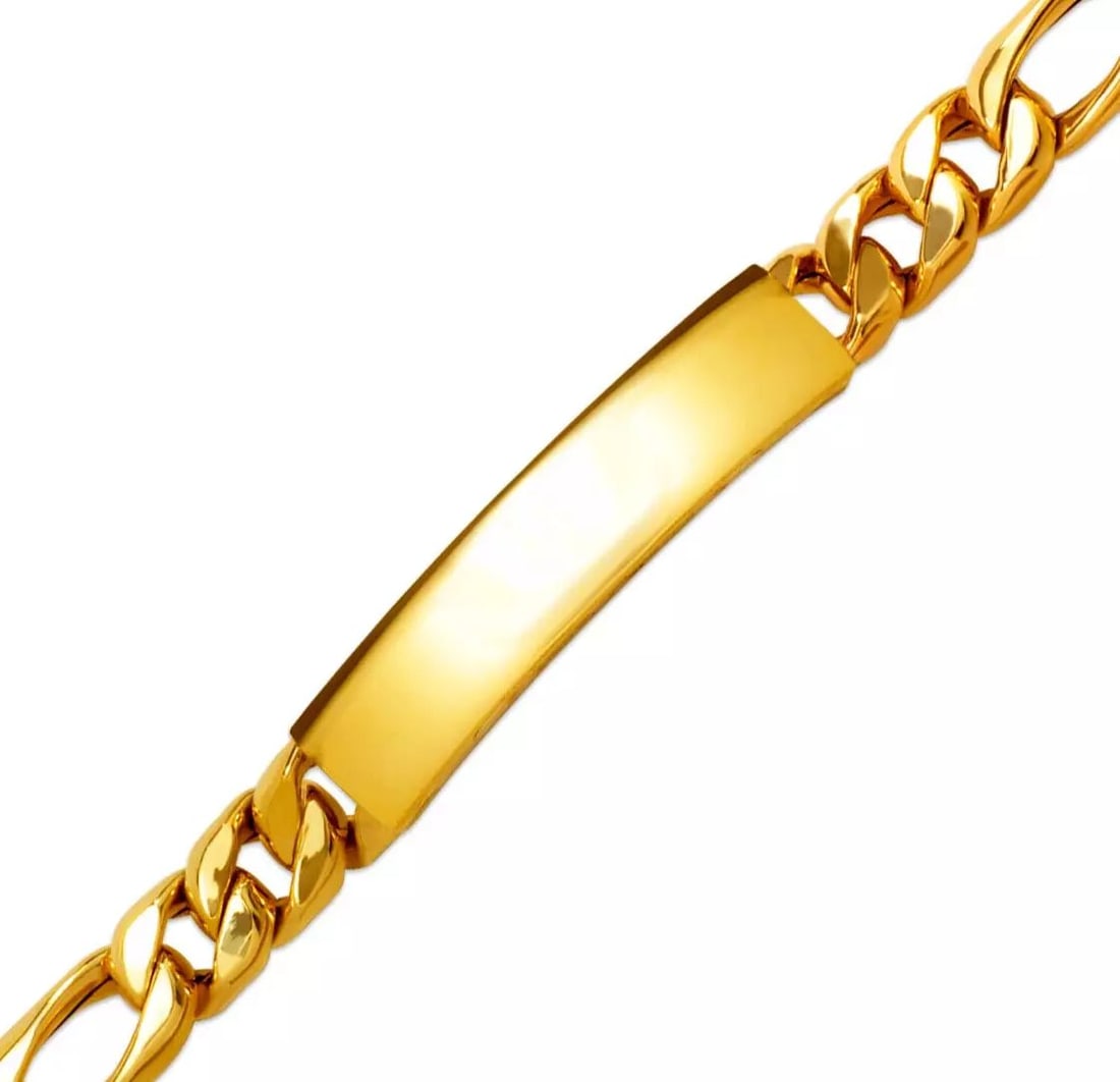 NEW 14K YELLOW GOLD HOLLOW FIGARO ID BRACELET 14K Yellow Gold Approx. 090 Gauge (10mm ID, 9mm: NEW 14K YELLOW GOLD HOLLOW FIGARO ID BRACELET 14K Yellow Gold Approx. 090 Gauge (10mm ID, 9mm Bracelet) High Polished Lobster Lock Available in Yellow Pave Gold Length : 8.5" Inch Weight: 15.5 Grams