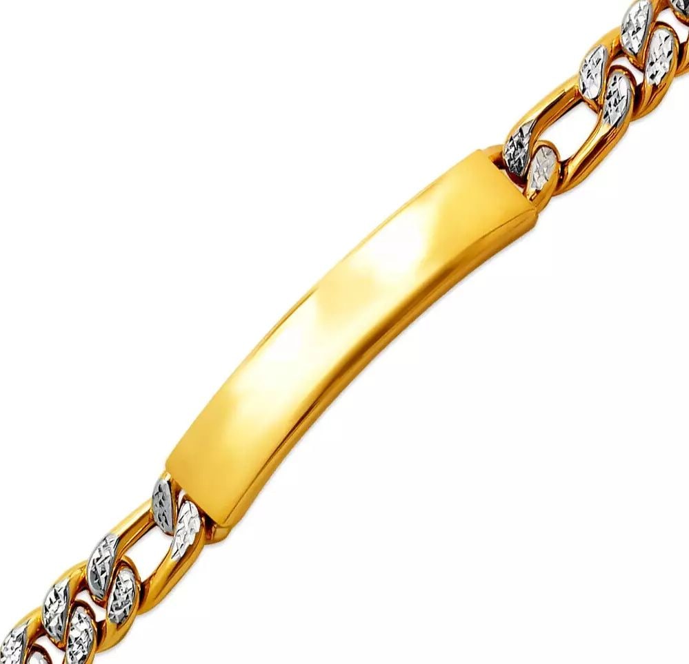 NEW 14K YELLOW GOLD WITH WHITE PAVE FIGARO ID BRACELET 14K White Pave Gold Approx. 080 Gauge (9mm: NEW 14K YELLOW GOLD WITH WHITE PAVE FIGARO ID BRACELET 14K White Pave Gold Approx. 080 Gauge (9mm ID, 8mm Bracelet) High Polished Diamond Cut Lobster Lock Length : 8" Inch Weight: 16.8 Grams