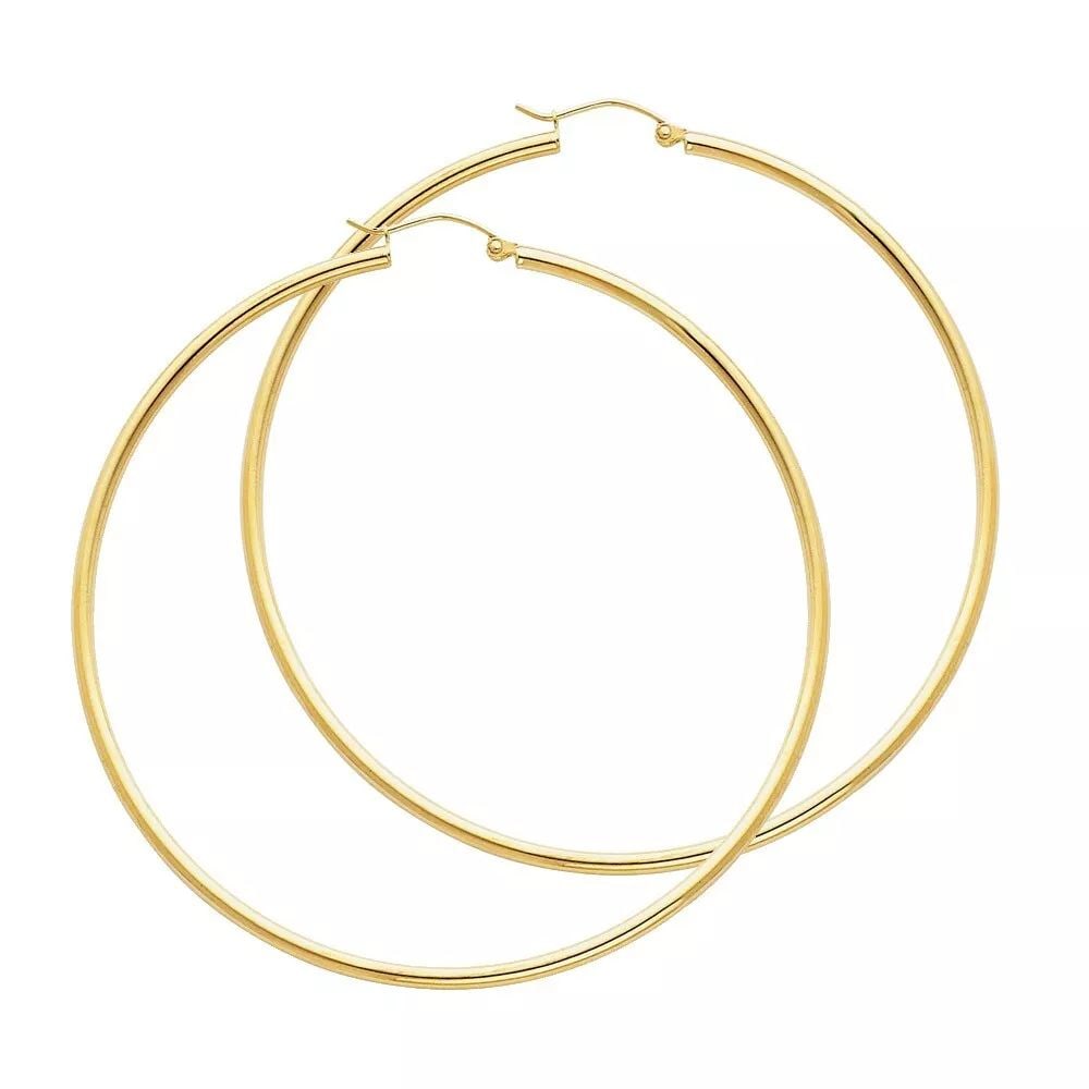 NEW 14K YELLOW GOLD 2MM ROUND TUBE POLISHED HOOP EARRINGS (55MM) 14K Yellow Gold NEW 2MM ROUND TUBE (1 of 2)