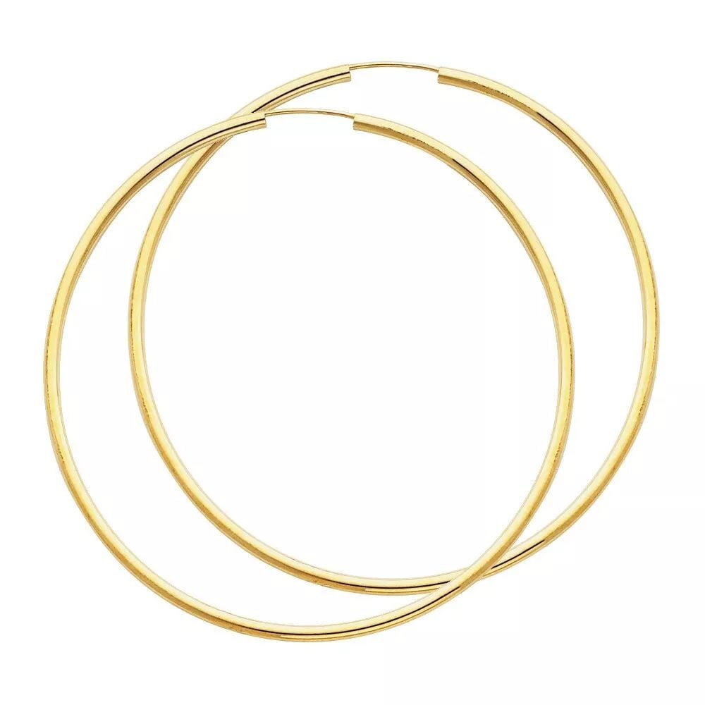 NEW 14K YELLOW GOLD 2MM ROUND TUBE POLISHED ENDLESS HOOP EARRINGS (55MM) 14K Yellow Gold NEW 2MM (1 of 2)