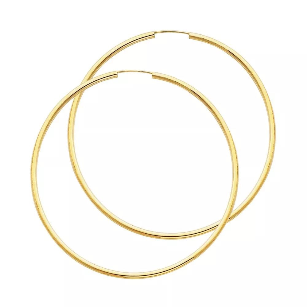 NEW 14K YELLOW GOLD 2MM ROUND TUBE POLISHED ENDLESS HOOP EARRINGS (45MM) 14K Yellow Gold NEW 2MM (1 of 2)