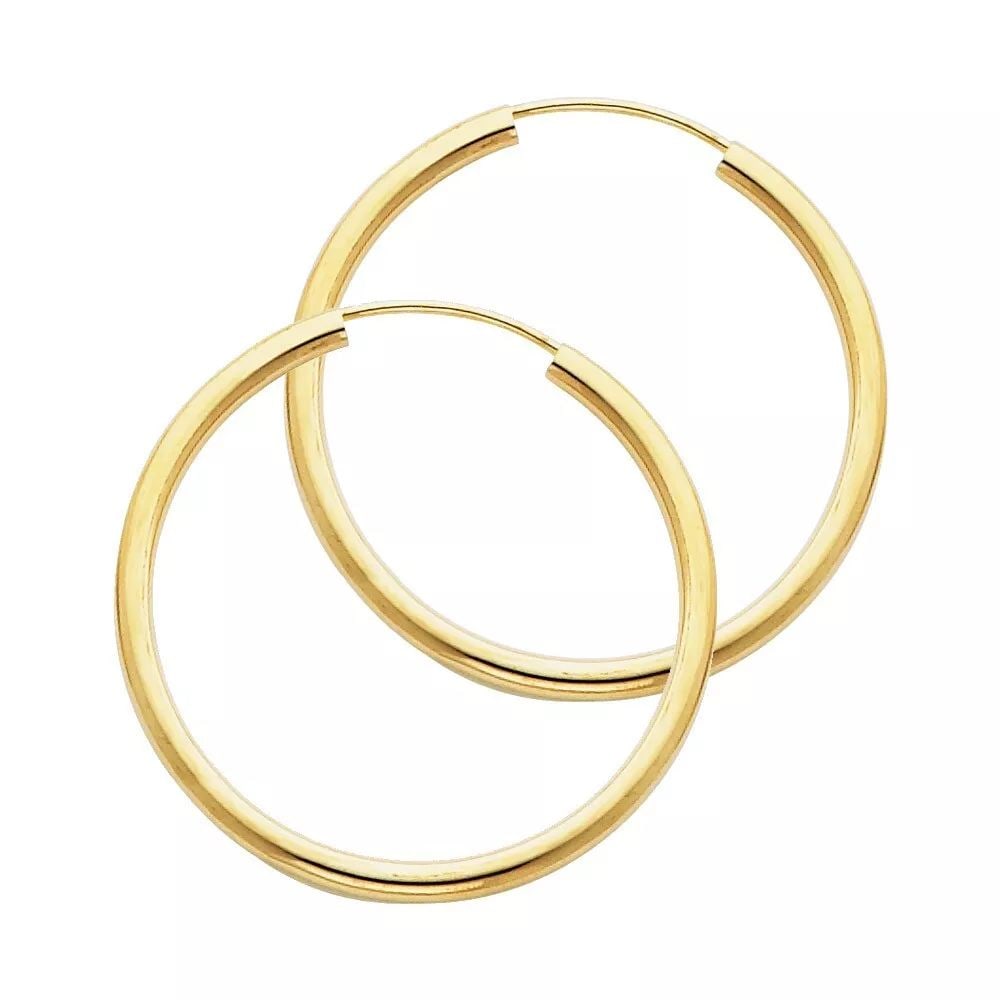 NEW 14K YELLOW GOLD 2MM ROUND TUBE POLISHED ENDLESS HOOP EARRINGS (25MM) 14K Yellow Gold NEW 2MM (1 of 2)