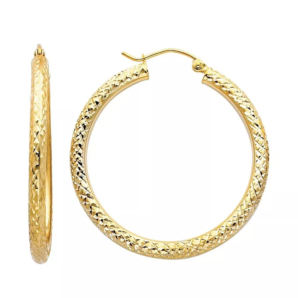 NEW 14K YELLOW GOLD DC 3.0MM ROUND HOOP EARRINGS (35MM) 14K Yellow Gold NEW DC 3.0MM ROUND HOOP (1 of 2)