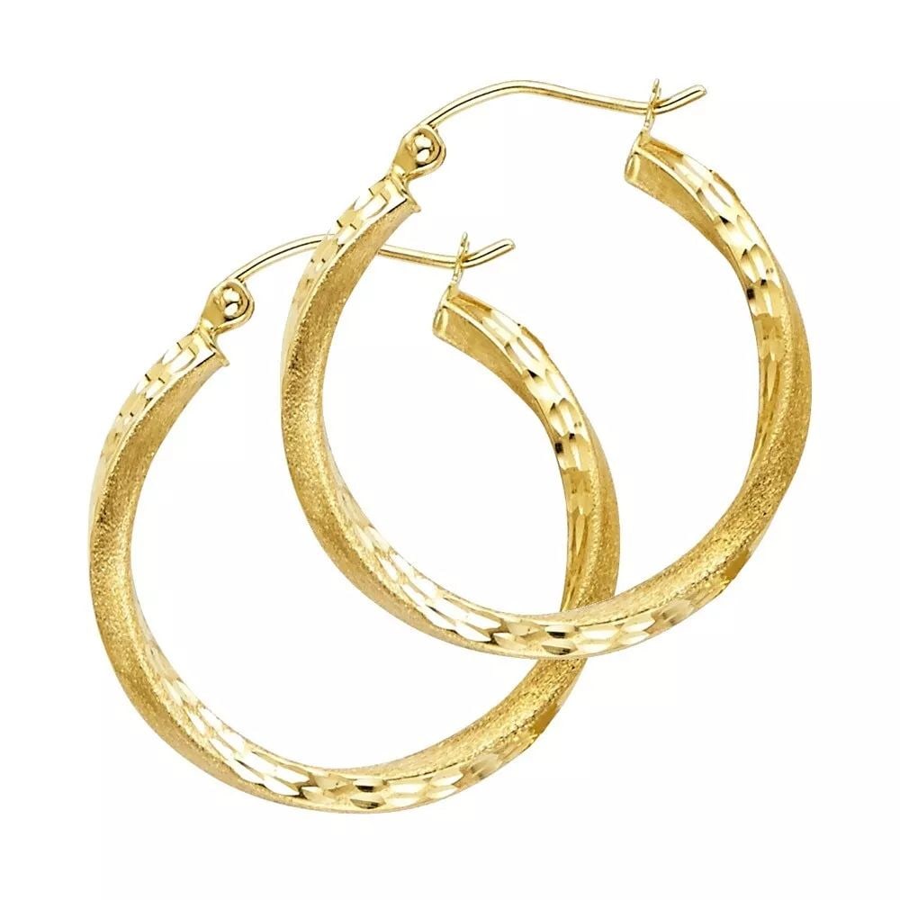 NEW 14K YELLOW GOLD SF DC 2.6MM SWIRL HOOP EARRINGS (25MM) 14K Yellow Gold NEW SF DC 2.6MM SWIRL: NEW 14K YELLOW GOLD SF DC 2.6MM SWIRL HOOP EARRINGS (25MM) 14K Yellow Gold NEW SF DC 2.6MM SWIRL HOOP EARRINGS (25MM) WEIGHT: 1.8g