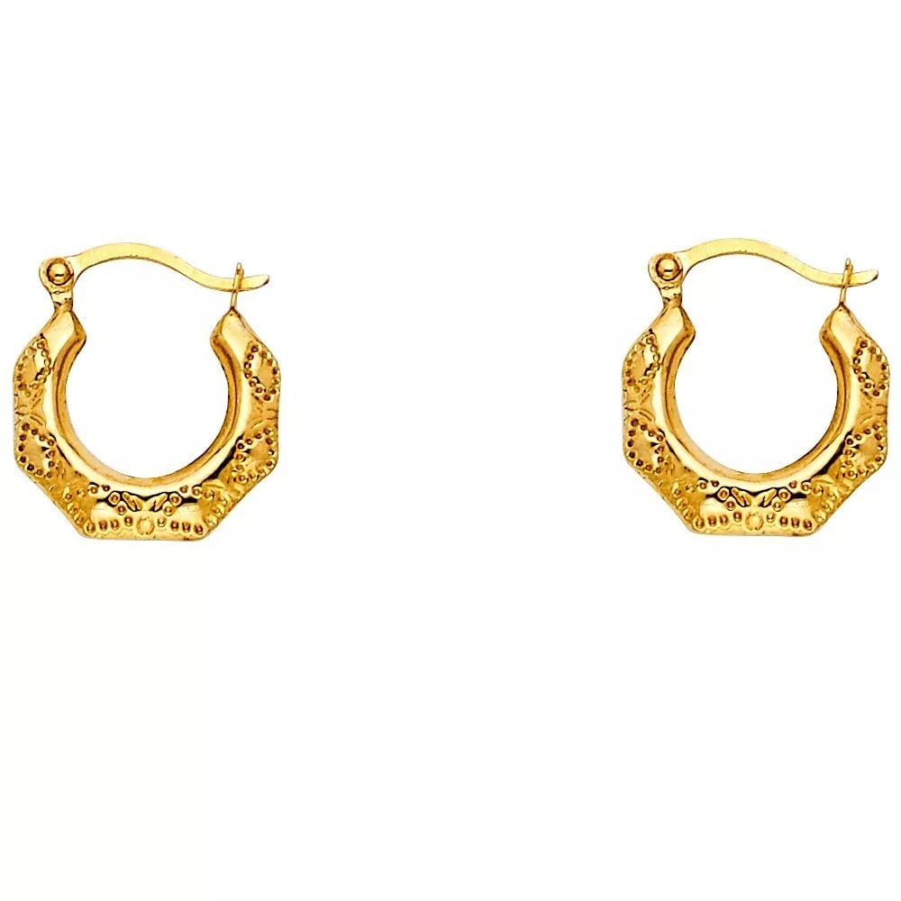NEW 14K YELLOW GOLD FANCY HOLLOW HOOP EARRINGS 14K Yellow Gold NEW FANCY HOLLOW HOOP EARRINGS: NEW 14K YELLOW GOLD FANCY HOLLOW HOOP EARRINGS 14K Yellow Gold NEW FANCY HOLLOW HOOP EARRINGS WEIGHT: 0.4g