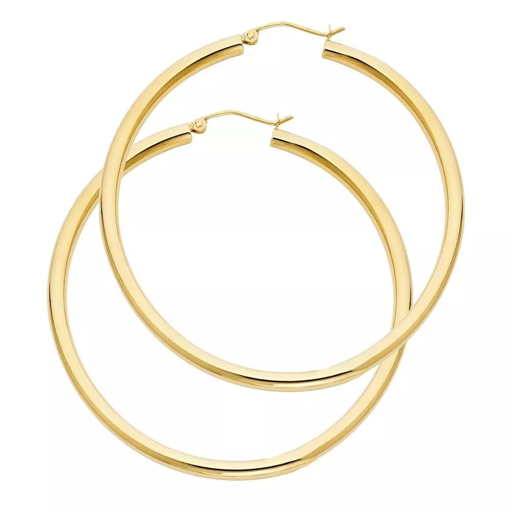 NEW 14K YELLOW GOLD 3MM PLAIN HOOP EARRINGS 14K Yellow Gold NEW 3MM PLAIN HOOP EARRINGS WEIGHT: 3.9g (1 of 2)