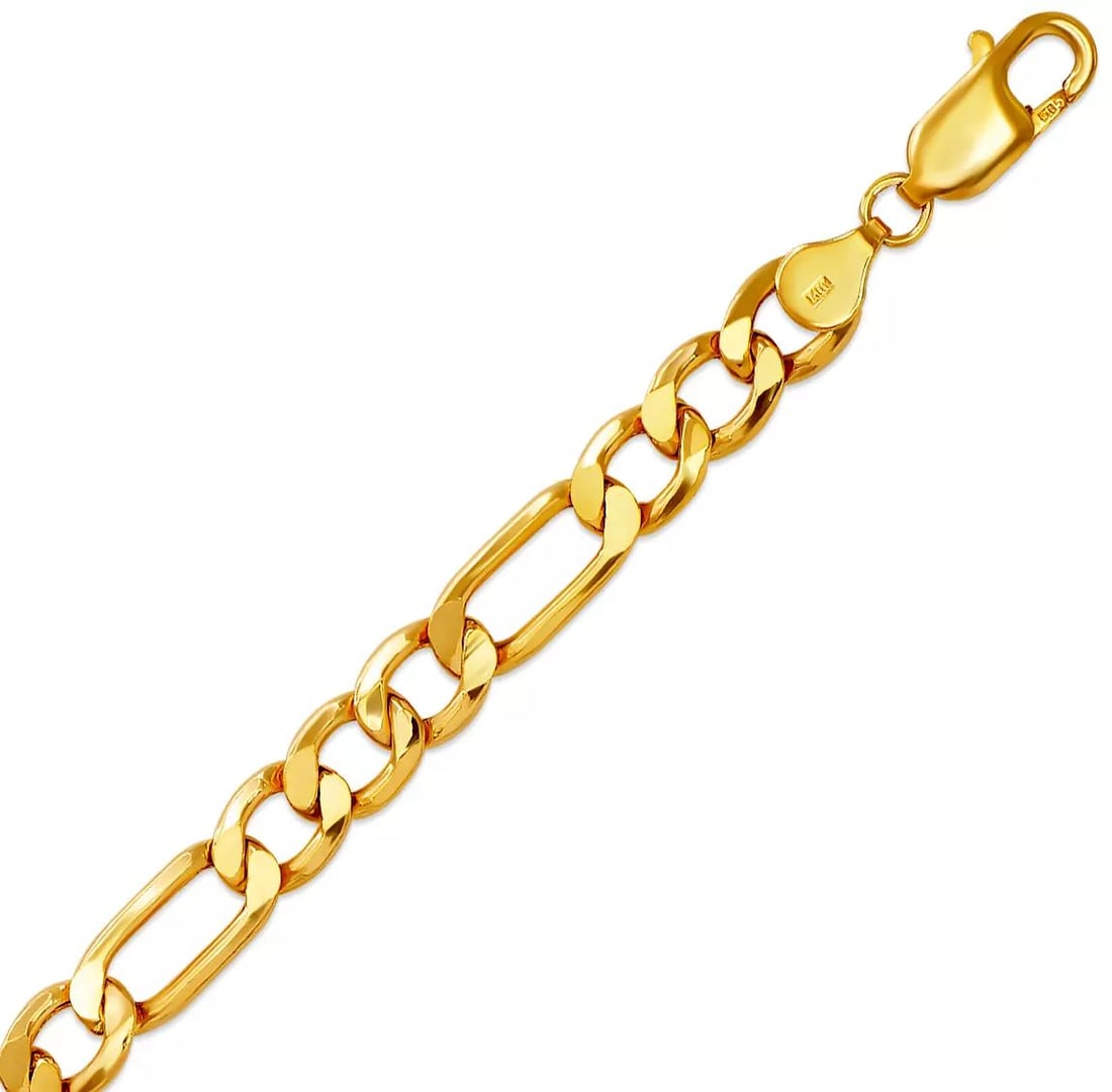 NEW 14K YELLOW GOLD HOLLOW FIGARO BRACELET 7mm 14K Yellow Gold Approx. 180 Gauge (7mm Wide) High: NEW 14K YELLOW GOLD HOLLOW FIGARO BRACELET 7mm 14K Yellow Gold Approx. 180 Gauge (7mm Wide) High Polished Lobster Lock Available in White Pave Gold Length : 8" Inch Weight: 9.9 Grams