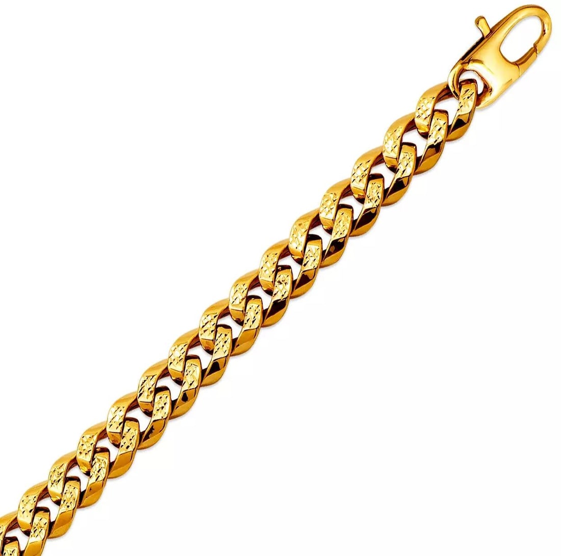 NEW 14K YELLOW GOLD PAVE HOLLOW CURB FLORENTINE BRACELET 8mm 14K Yellow Pave Gold Approx. 080 Gauge: NEW 14K YELLOW GOLD PAVE HOLLOW CURB FLORENTINE BRACELET 8mm 14K Yellow Pave Gold Approx. 080 Gauge (8mm Wide) High Polished Diamond Cut Lobster Lock Length : 8" Inch Weight: 12.8 Grams