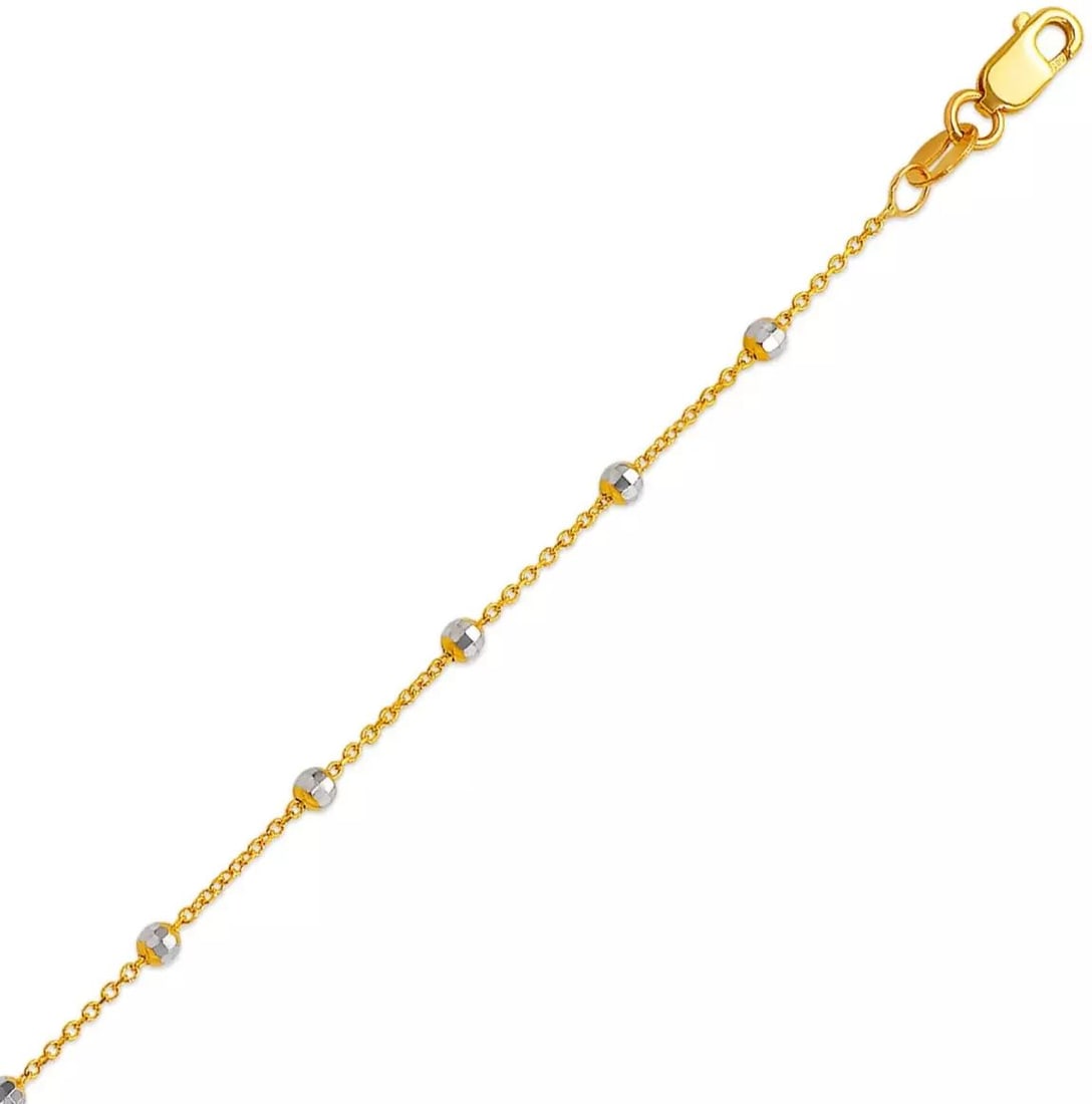 NEW 14K TWO TONE GOLD STAZIONE BEAD ROLE BRACELET 2mm 14K Two Tone Gold Approx. 250 Bead Gauge: NEW 14K TWO TONE GOLD STAZIONE BEAD ROLE BRACELET 2mm 14K Two Tone Gold Approx. 250 Bead Gauge (2.0mm Wide) High Polished/Diamond Cut Available in Yellow Gold Lobster Lock Length : 7" Inch Weight: 1.2