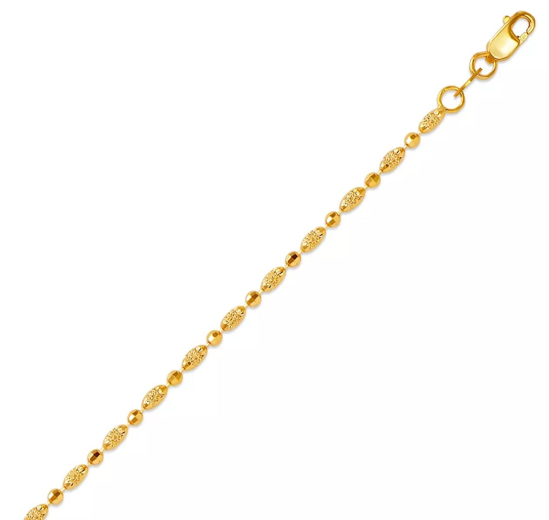 NEW 14K YELLOW GOLD D/C BEAD BRACELET 2mm 14K Yellow Gold Approx. 200 Gauge (2.0mm Wide) High: NEW 14K YELLOW GOLD D/C BEAD BRACELET 2mm 14K Yellow Gold Approx. 200 Gauge (2.0mm Wide) High Polished/Diamond Cut Lobster Lock Length : 7" Inch Weight: 2.3 Grams