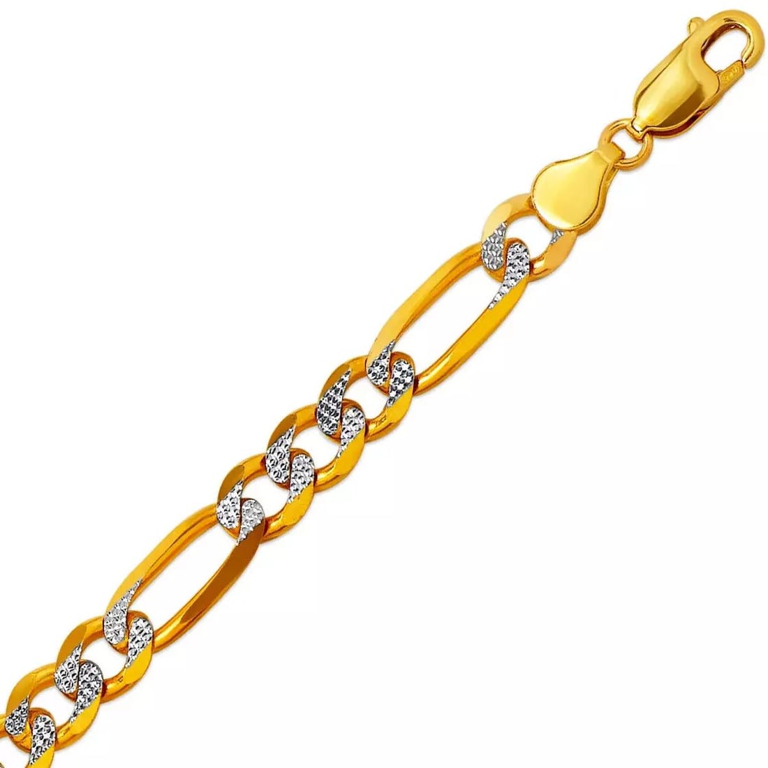 NEW 14K YELLOW GOLD WITH WHITE PAVE FIGARO FLAT BRACELET 7 mm 14K White Pave Gold Approx. 180 Gauge: NEW 14K YELLOW GOLD WITH WHITE PAVE FIGARO FLAT BRACELET 7 mm 14K White Pave Gold Approx. 180 Gauge (7.0mm Wide) High Polished Lobster Lock Length : 8" Inch Weight: 13.4 Grams