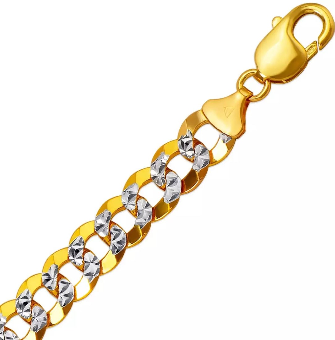 NEW 14K YELLOW GOLD WITH WHITE PAVE CURB LIGHT BRACELET 11mm 14K White Pave Gold Approx. 260 Gauge: NEW 14K YELLOW GOLD WITH WHITE PAVE CURB LIGHT BRACELET 11mm 14K White Pave Gold Approx. 260 Gauge (11.0mm Wide) High Polished/Diamond Cut Lobster Lock Length : 8" Inch Weight: 25.8 Grams