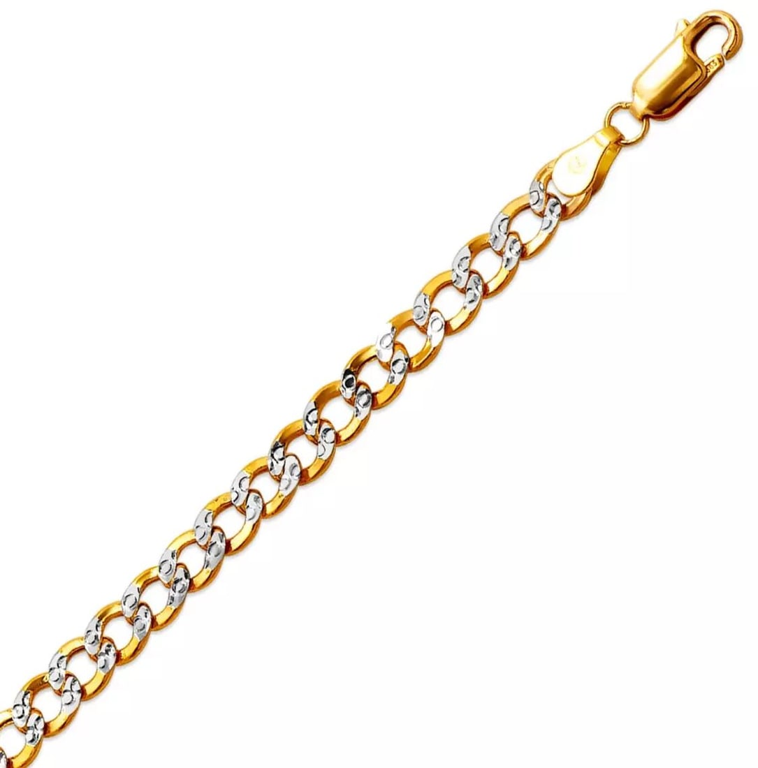 NEW 14K YELLOW GOLD WITH WHITE PAVE HOLLOW CURB BRACELET 5mm 14K White Pave Gold Approx. 120 Gauge: NEW 14K YELLOW GOLD WITH WHITE PAVE HOLLOW CURB BRACELET 5mm 14K White Pave Gold Approx. 120 Gauge (5mm Wide) High Polished Hollow Lobster Lock Length : 7" Ince Weight: 3.8 Grams