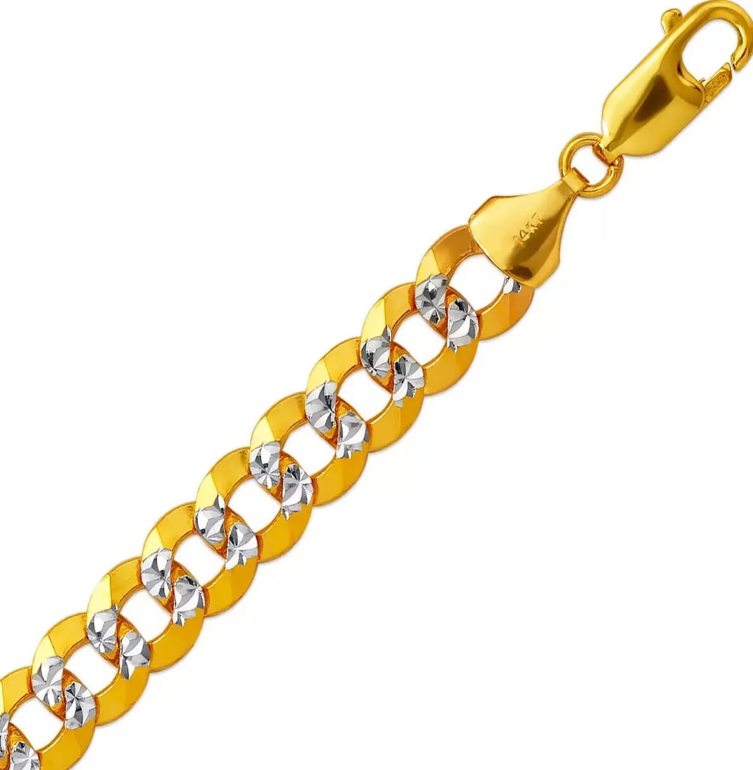 NEW 14K YELLOW GOLD WITH WHITE PAVE CURB LIGHT BRACELET 7mm 14K White Pave Gold Approx. 180 Gauge: NEW 14K YELLOW GOLD WITH WHITE PAVE CURB LIGHT BRACELET 7mm 14K White Pave Gold Approx. 180 Gauge (7.0mm Wide) High Polished/Diamond Cut Lobster Lock Length : 8" Inch Weight: 12.8 Grams