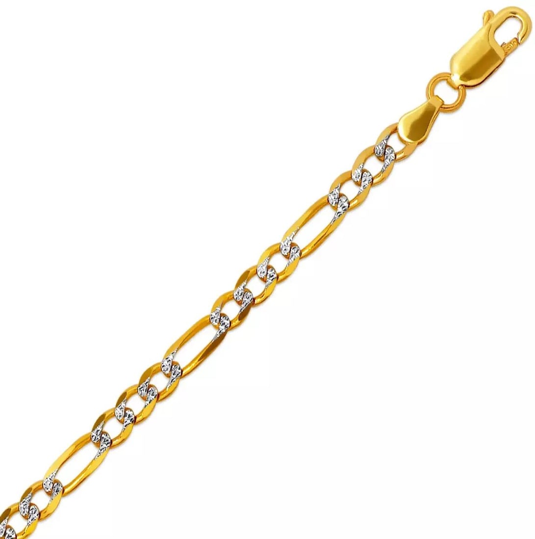 NEW 14K YELLOW GOLD WITH WHITE PAVE FIGARO FLAT BRACELET 4 mm 14K White Pave Gold Approx. 100 Gauge (1 of 2)
