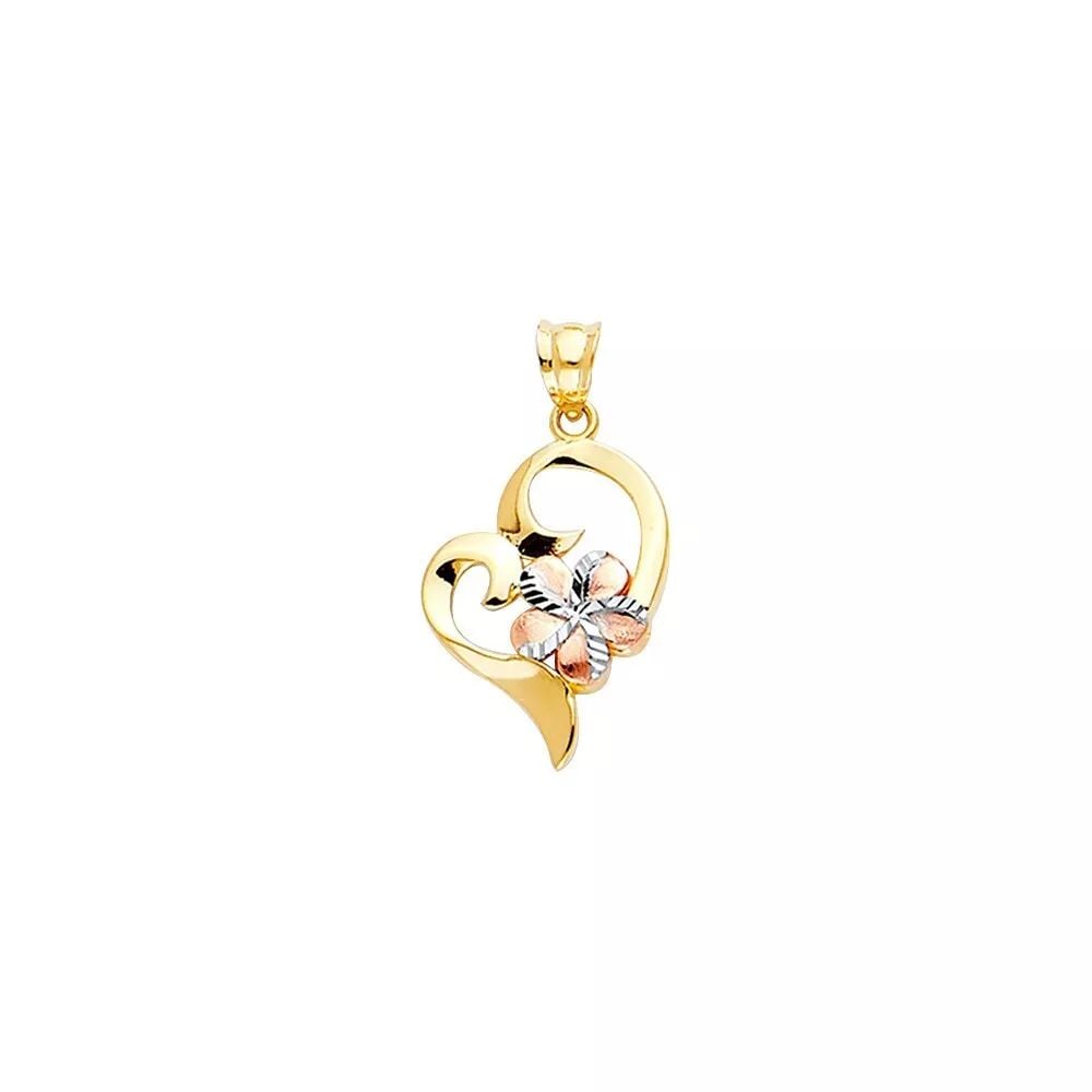 NEW 14K TRI COLOR GOLD HEART PENDANT WITH HAWAIIAN FLOWER 14K TRI COLOR GOLD NEW HEART PENDANT WITH: NEW 14K TRI COLOR GOLD HEART PENDANT WITH HAWAIIAN FLOWER 14K TRI COLOR GOLD NEW HEART PENDANT WITH HAWAIIAN FLOWER WEIGHT: 1.3g