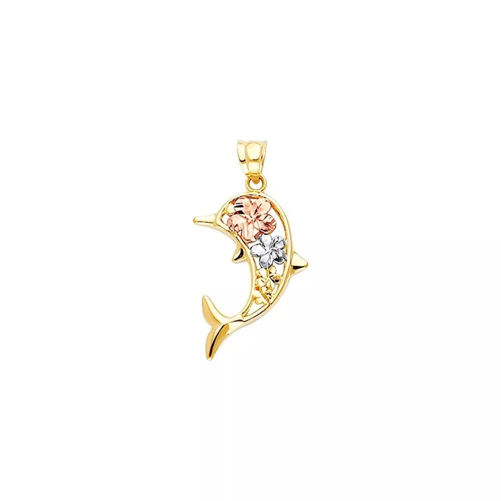 NEW 14K TRI COLOR GOLD HAWAIIAN FLOWER DOLPHIN PENDANT 14K TRI COLOR GOLD NEW HAWAIIAN FLOWER: NEW 14K TRI COLOR GOLD HAWAIIAN FLOWER DOLPHIN PENDANT 14K TRI COLOR GOLD NEW HAWAIIAN FLOWER DOLPHIN PENDANT WEIGHT: 1.3g