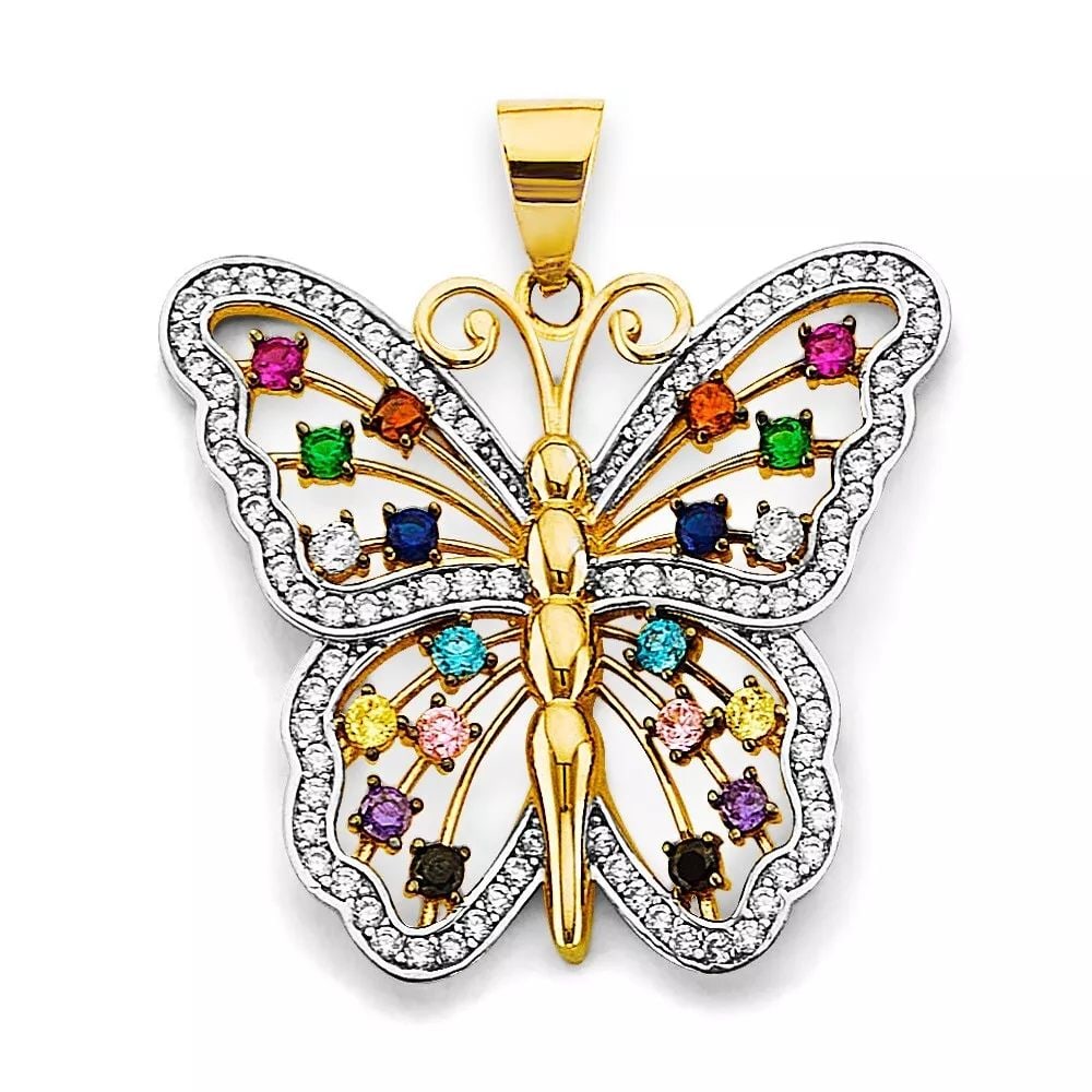 NEW 14K TWO TONE GOLD MULTI COLOR CZ BIG BUTTERFLY PENDANT 14K TWO TONE GOLD NEW MULTI COLOR CZ BIG (1 of 2)