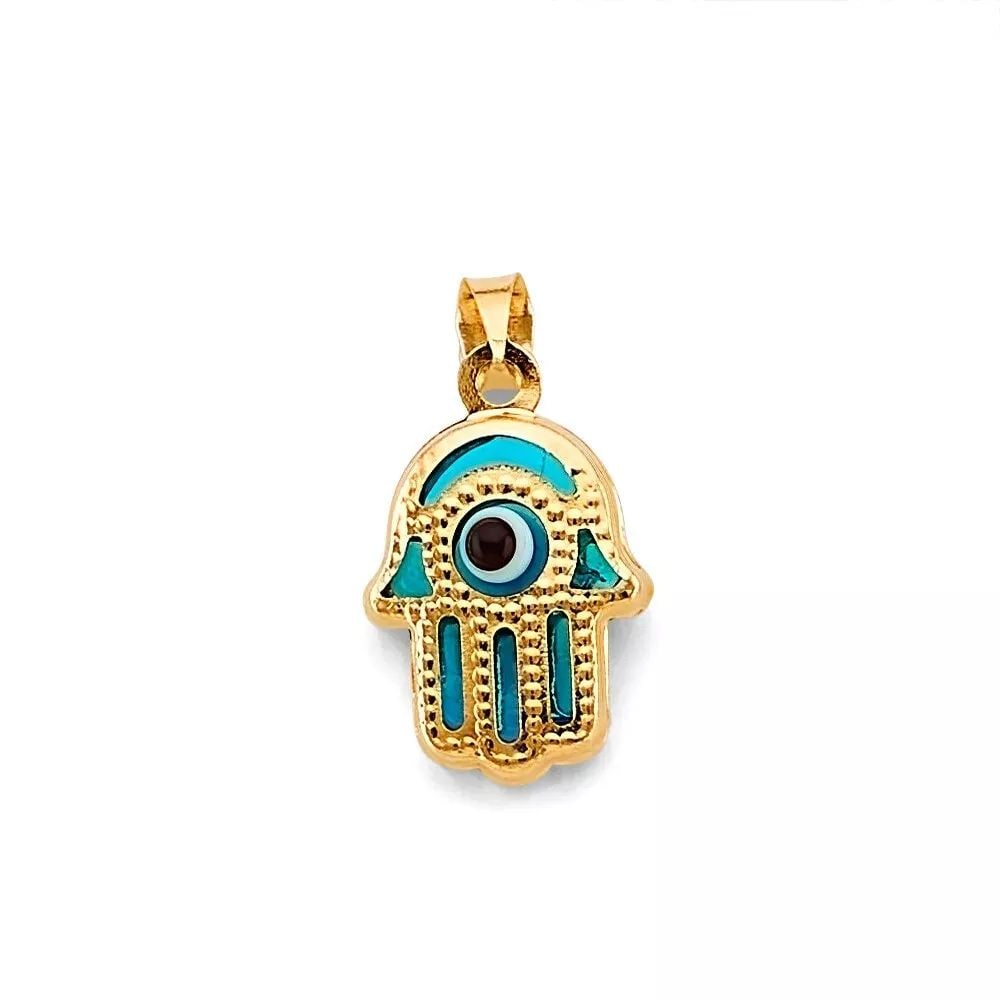 NEW 14K YELLOW GOLD EVIL EYE HAMSA PENDANT 14K YELLOW GOLD NEW EVIL EYE HAMSA PENDANT WEIGHT: 1.2g (1 of 2)