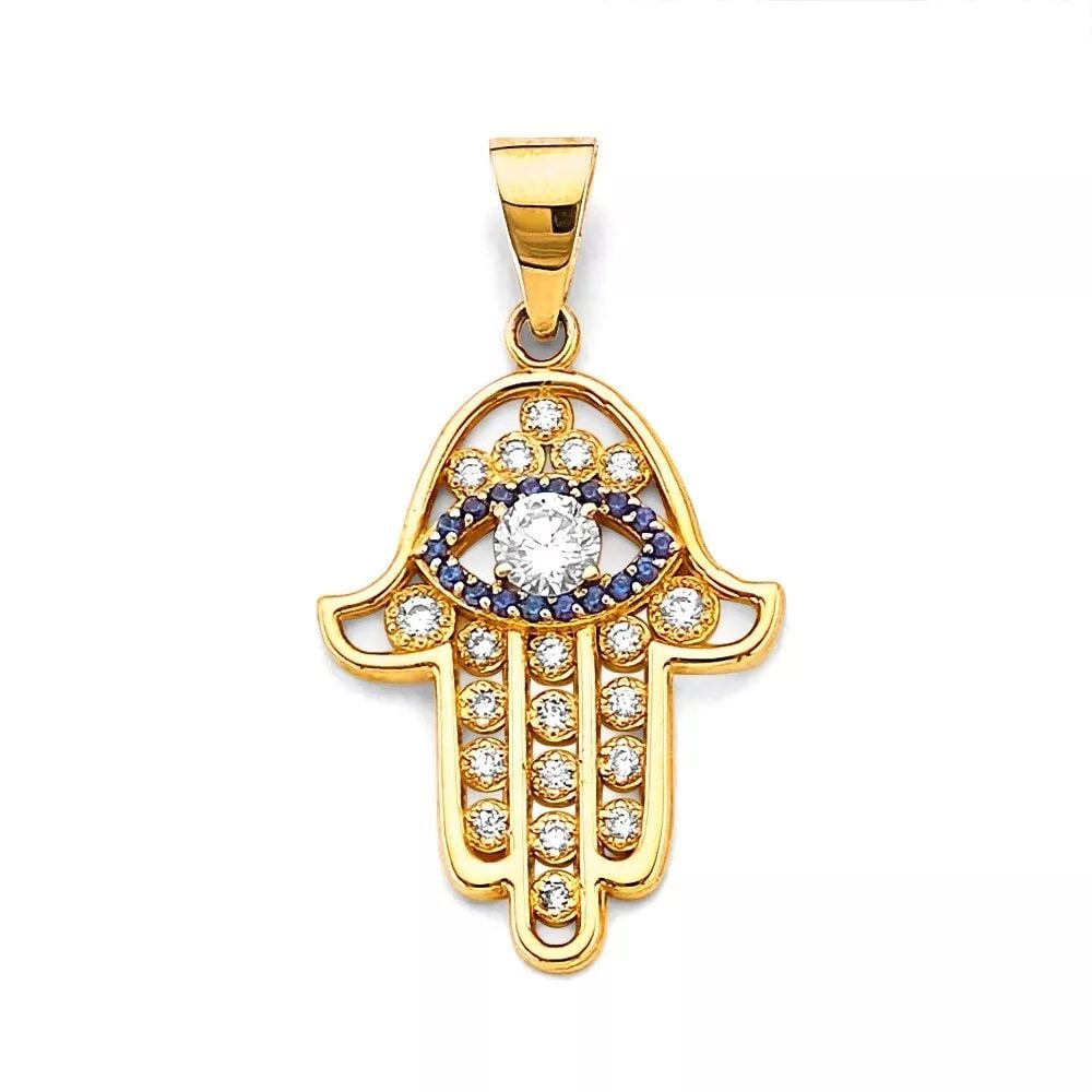 NEW 14K YELLOW GOLD CZ HAMSA HAND WITH EVIL EYE PENDANT 14K YELLOW GOLD NEW CZ HAMSA HAND WITH EVIL (1 of 2)