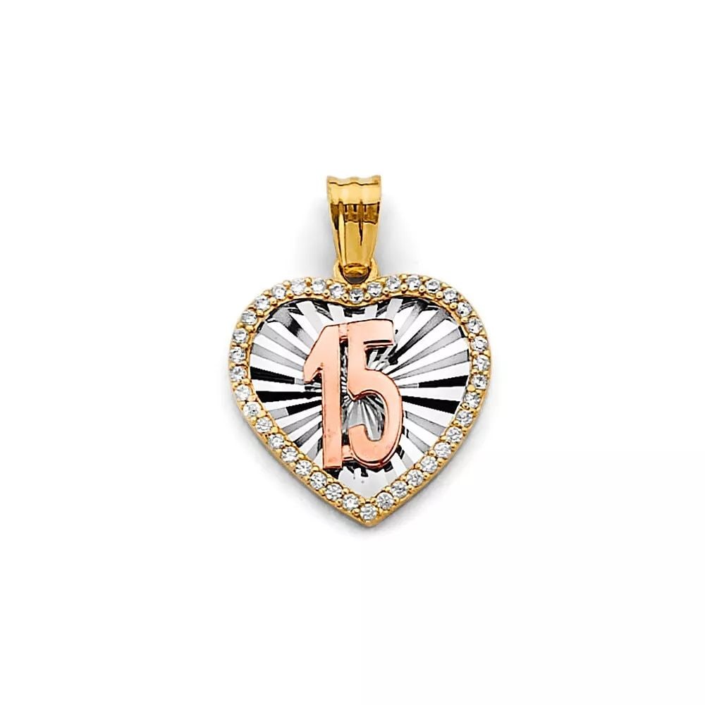 NEW 14K TRI COLOR GOLD CZ HEART 15 YEARS PENDANT 14K TRI COLOR GOLD NEW CZ HEART 15 YEARS PENDANT: NEW 14K TRI COLOR GOLD CZ HEART 15 YEARS PENDANT 14K TRI COLOR GOLD NEW CZ HEART 15 YEARS PENDANT WEIGHT: 1.4g