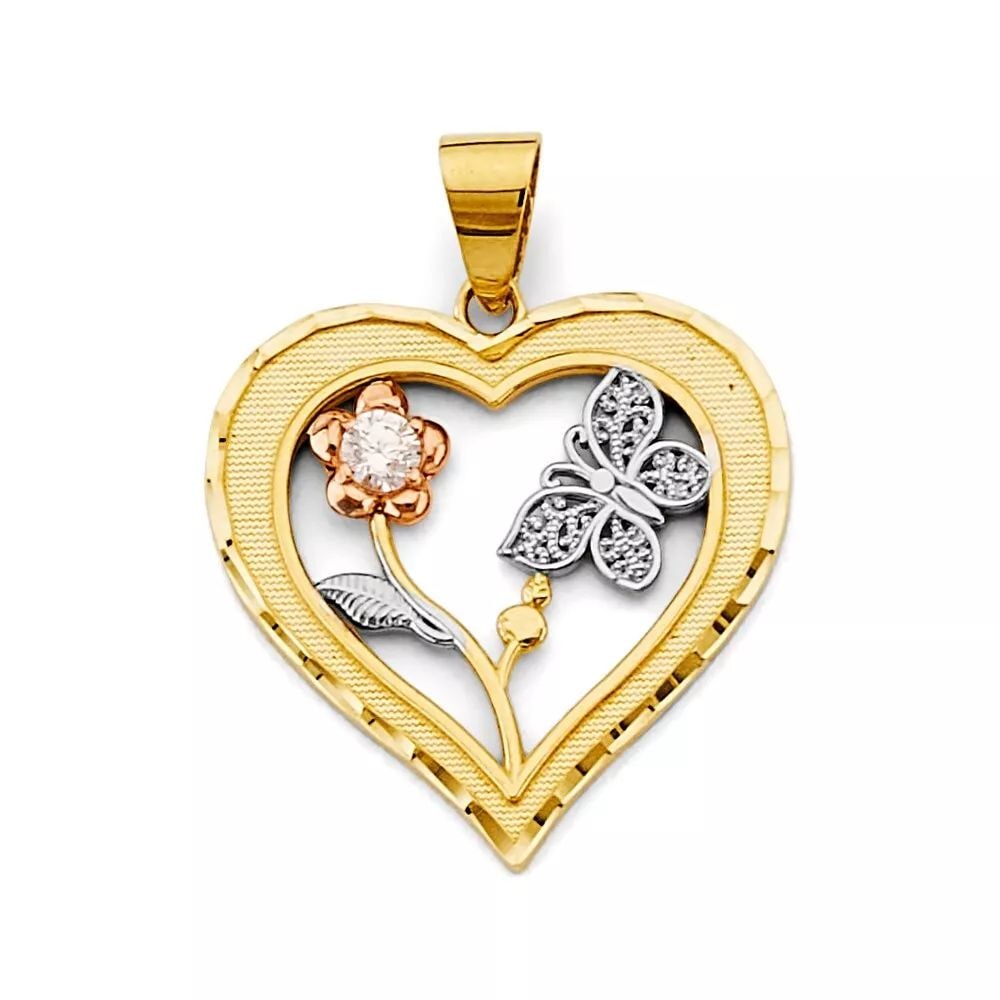 NEW 14K TRI COLOR GOLD HEART WITH FLOWER & BUTTERFLY PENDANT 14K TRI COLOR GOLD NEW HEART WITH: NEW 14K TRI COLOR GOLD HEART WITH FLOWER & BUTTERFLY PENDANT 14K TRI COLOR GOLD NEW HEART WITH FLOWER & BUTTERFLY PENDANT WEIGHT: 2.6g