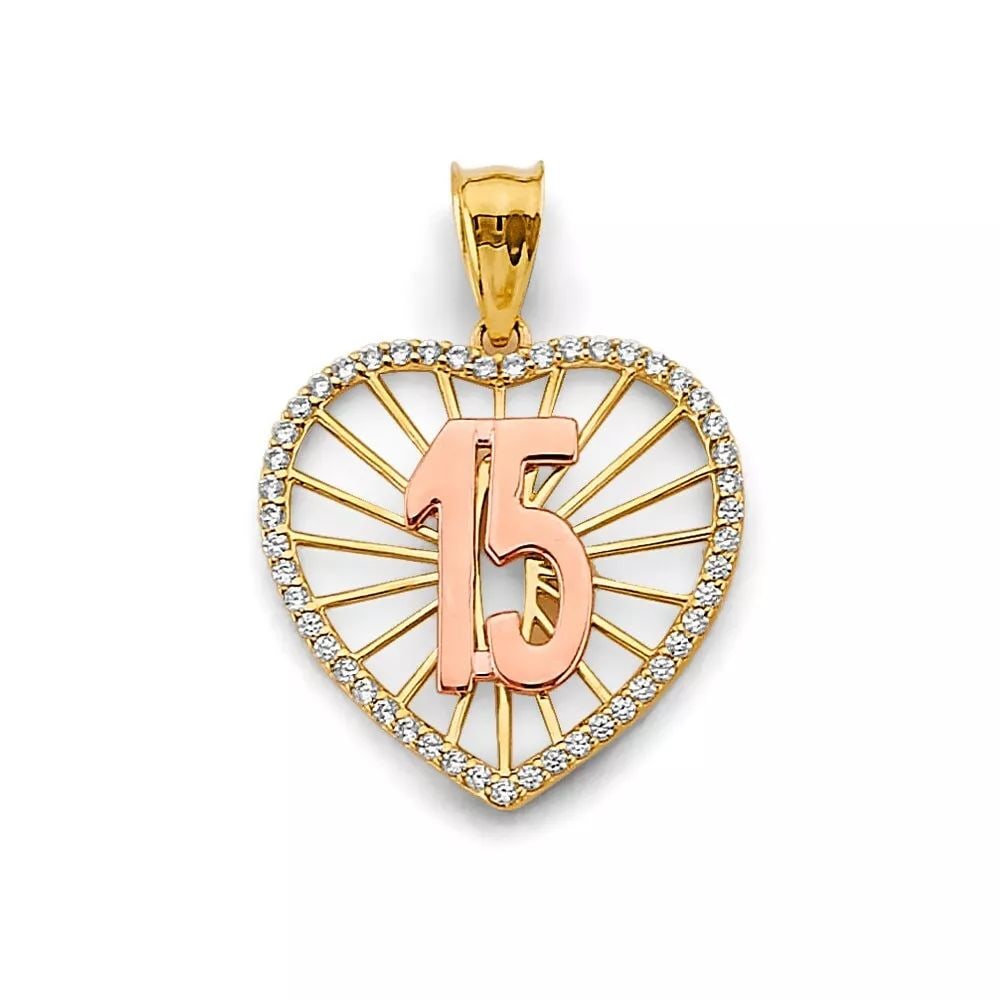 NEW 14K TWO TONE GOLD CZ HEART 15 YEARS PENDANT 14K TWO TONE GOLD NEW CZ HEART 15 YEARS PENDANT: NEW 14K TWO TONE GOLD CZ HEART 15 YEARS PENDANT 14K TWO TONE GOLD NEW CZ HEART 15 YEARS PENDANT WEIGHT: 1.8g