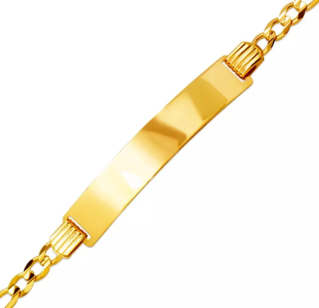 NEW 14K YELLOW GOLD FIGARO CONCAVE ID BRACELET 14K Yellow Gold 100 Gauge (7mm ID, 4mm Bracelet) High: NEW 14K YELLOW GOLD FIGARO CONCAVE ID BRACELET 14K Yellow Gold 100 Gauge (7mm ID, 4mm Bracelet) High Polished Lobster Lock Length 7" Weight: 6.0 Grams