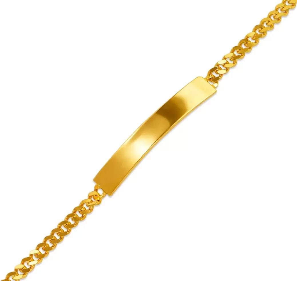 NEW 14K YELLOW GOLD KIDS CURB SHINY ID BRACELET 14K Yellow Gold Approx. 5mm ID, 3mm Bracelet High: NEW 14K YELLOW GOLD KIDS CURB SHINY ID BRACELET 14K Yellow Gold Approx. 5mm ID, 3mm Bracelet High Polished Lobster Clasp Length 6" Weight: 4.5 Grams