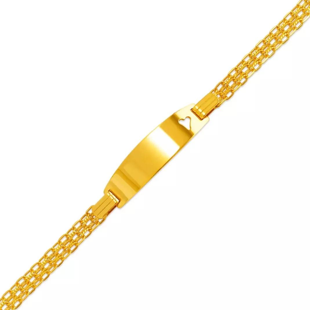 NEW 14K TRI COLOR GOLD HT KIDS LOVE STAR ID BRACELET 14K Yellow Gold Approx. 7mm ID, 5.5mm Bracelet: NEW 14K TRI COLOR GOLD HT KIDS LOVE STAR ID BRACELET 14K Yellow Gold Approx. 7mm ID, 5.5mm Bracelet High Polished Lobster Lock Length 6" Weight: 3.4 Grams