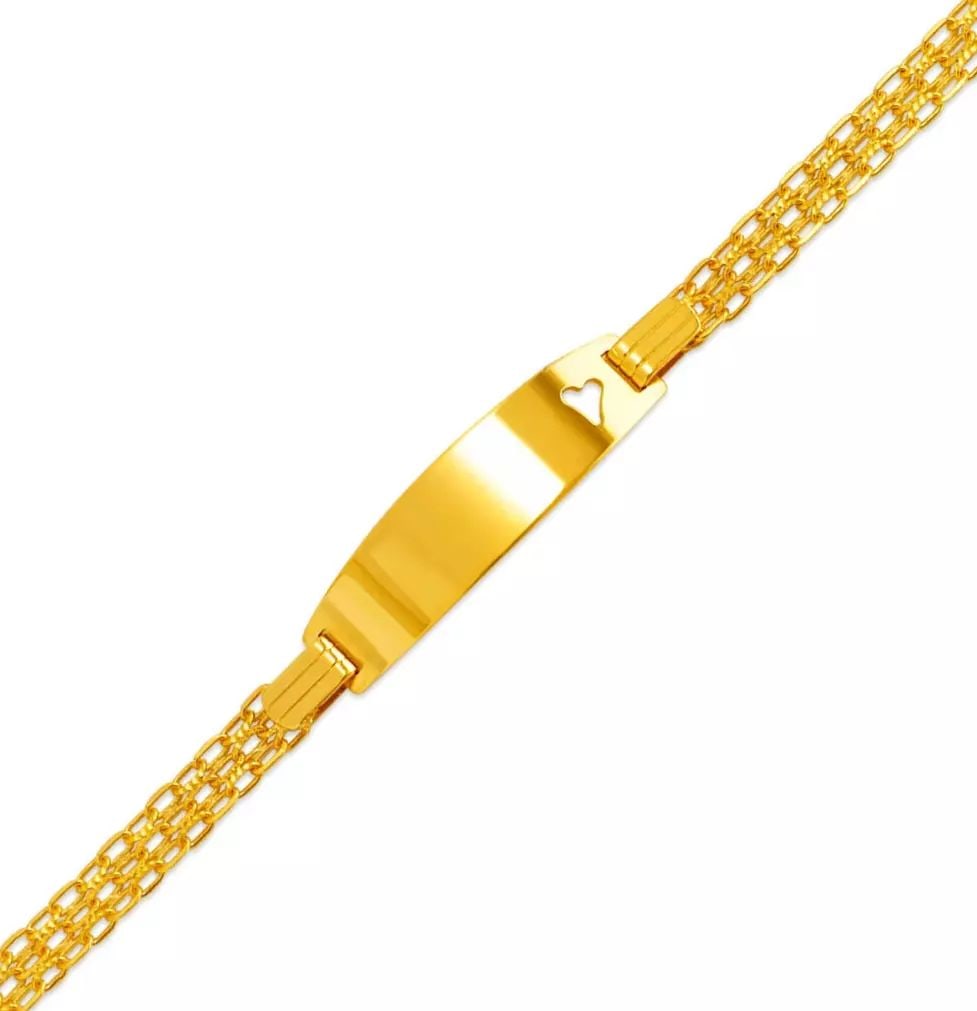 NEW 14K YELLOW GOLD HT KIDS BIZMARK HEART ID BRACELET 14K Yellow Gold Approx. 7mm ID, 5.5mm Bracelet: NEW 14K YELLOW GOLD HT KIDS BIZMARK HEART ID BRACELET 14K Yellow Gold Approx. 7mm ID, 5.5mm Bracelet High Polished Lobster Lock Length 6" Weight: 3.4 Grams