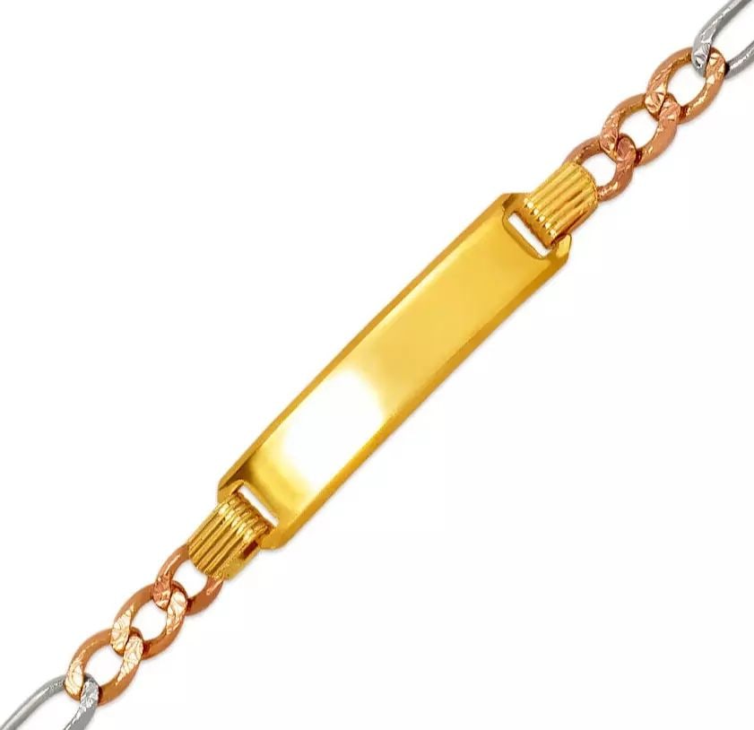 NEW 14K TRI COLOR GOLD FIGARO X-LIGHT BABY ID BRACELET 14K Tricolor Gold Approx. 6mm ID, 4.0mm: NEW 14K TRI COLOR GOLD FIGARO X-LIGHT BABY ID BRACELET 14K Tricolor Gold Approx. 6mm ID, 4.0mm Bracelet High Polished Lobster Lock Length 6" Weight: 5.1 Grams