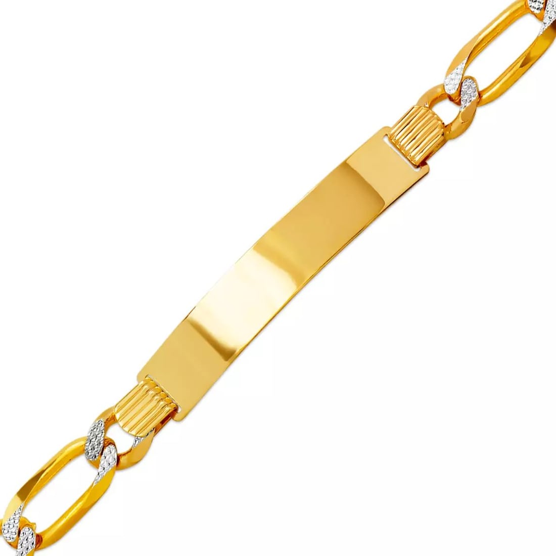 NEW 14K WHITE PAVE GOLD FIGARO PAVE ID BRACELET 14K White Pave Gold 210 Gauge (7mm ID, 8mm Bracelet): NEW 14K WHITE PAVE GOLD FIGARO PAVE ID BRACELET 14K White Pave Gold 210 Gauge (7mm ID, 8mm Bracelet) High Polished/Diamond Cut Lobster Lock Length 8" Weight: 21.5 Grams