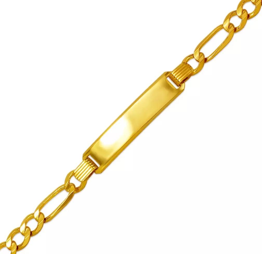 NEW 14K YELLOW GOLD FIGARO X-LIGHT BABY ID BRACELET 14K Yellow Gold Approx. 6mm ID, 5.0mm Bracelet: NEW 14K YELLOW GOLD FIGARO X-LIGHT BABY ID BRACELET 14K Yellow Gold Approx. 6mm ID, 5.0mm Bracelet High Polished Lobster Lock Length 6" Weight: 5.8 Grams