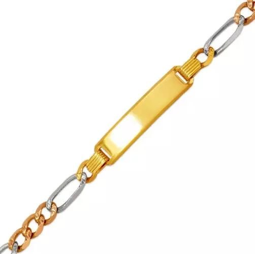 NEW 14K TRI COLOR GOLD FIGARO X-LIGHT BABY ID BRACELET 14K Tricolor Gold Approx. 6mm ID, 5.0mm: NEW 14K TRI COLOR GOLD FIGARO X-LIGHT BABY ID BRACELET 14K Tricolor Gold Approx. 6mm ID, 5.0mm Bracelet High Polished Lobster Lock Length 6" Weight: 5.6 Grams
