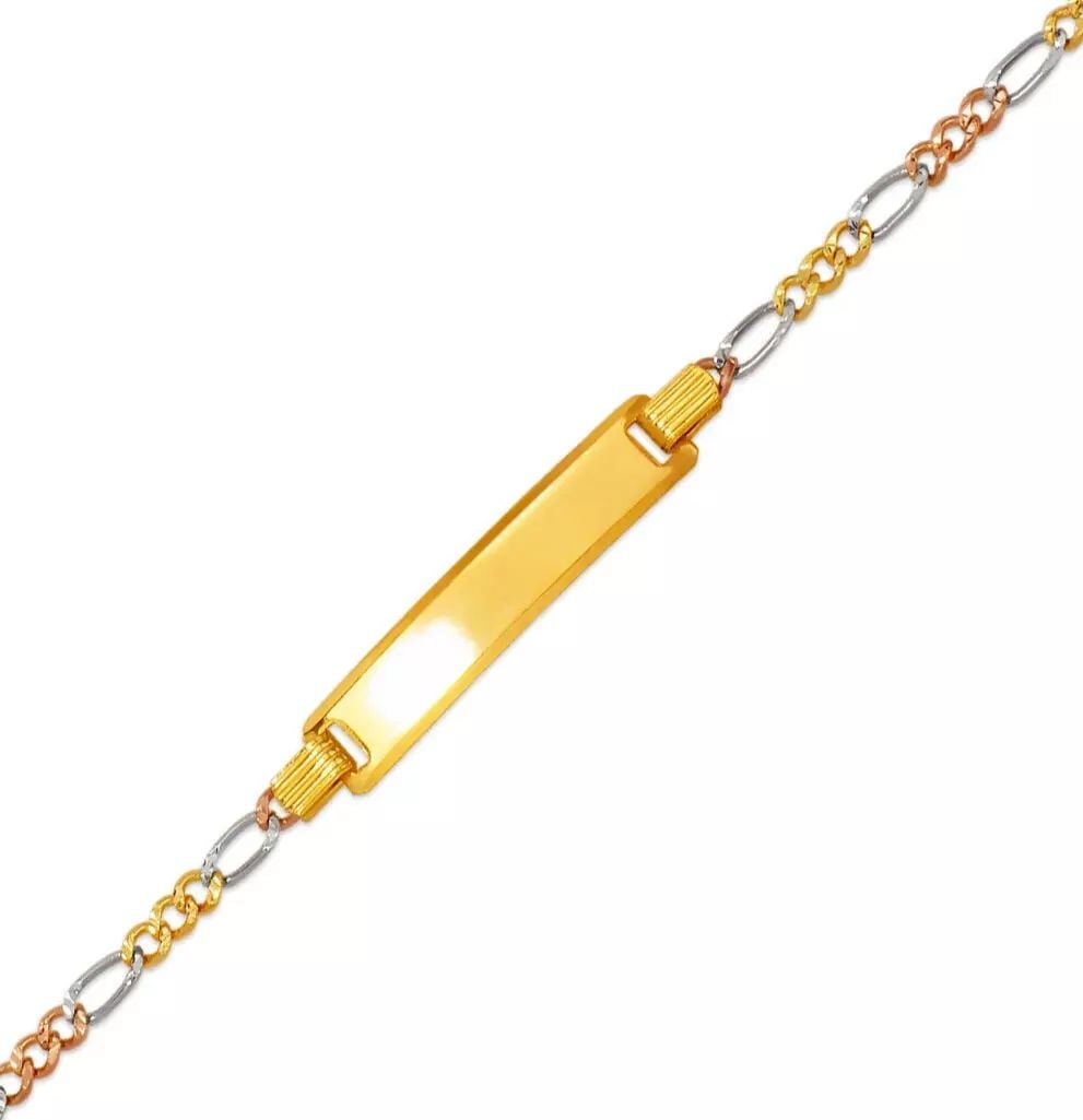 NEW 14K TRI COLOR GOLD FIGARO X-LIGHT BABY ID BRACELET 14K Tricolor Gold Approx. 5mm ID, 2.5mm: NEW 14K TRI COLOR GOLD FIGARO X-LIGHT BABY ID BRACELET 14K Tricolor Gold Approx. 5mm ID, 2.5mm Bracelet High Polished Lobster Lock Length 6" Weight: 2.7 Grams