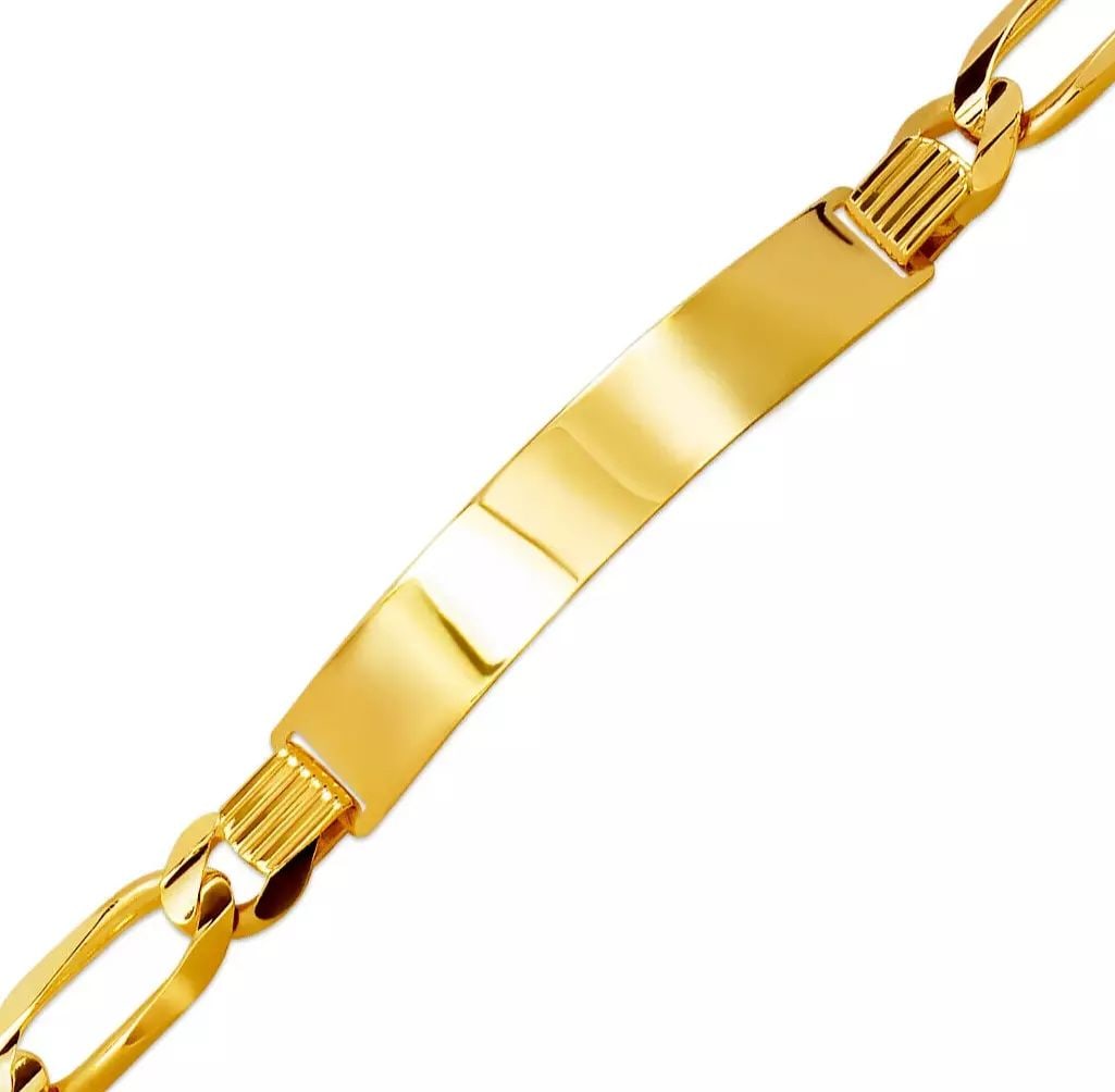 NEW 14K YELLOW GOLD FIGARO CONCAVE ID BRACELET 14K Yellow Gold 210 Gauge (7mm ID, 8mm Bracelet) High: NEW 14K YELLOW GOLD FIGARO CONCAVE ID BRACELET 14K Yellow Gold 210 Gauge (7mm ID, 8mm Bracelet) High Polished Lobster Lock Length 8" Weight: 21.9 Grams
