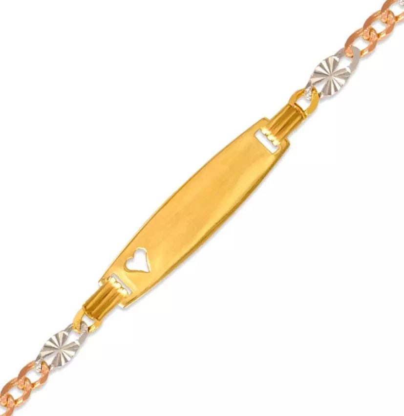 NEW 14K TRI COLOR GOLD HT KIDS FIGARO STAR HEART ID BRACELET 14K Tricolor Gold 080 Gauge (6.8mm ID,: NEW 14K TRI COLOR GOLD HT KIDS FIGARO STAR HEART ID BRACELET 14K Tricolor Gold 080 Gauge (6.8mm ID, 3.8mm Bracelet) High Polished/Diamond Cut Lobster Lock Length 6" Weight: 3.0 Grams