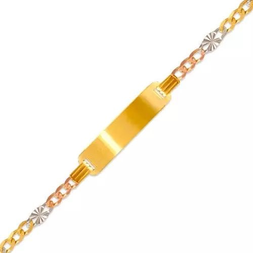 NEW 14K TRI COLOR GOLD SQ KIDS FIGARO STAR SQUARE ID BRACELET 14K Tricolor Gold 080 Gauge (6mm ID,: NEW 14K TRI COLOR GOLD SQ KIDS FIGARO STAR SQUARE ID BRACELET 14K Tricolor Gold 080 Gauge (6mm ID, 4mm Bracelet) High Polished/Diamond Cut Lobster Lock Length 6" Weight: 3.3 Grams