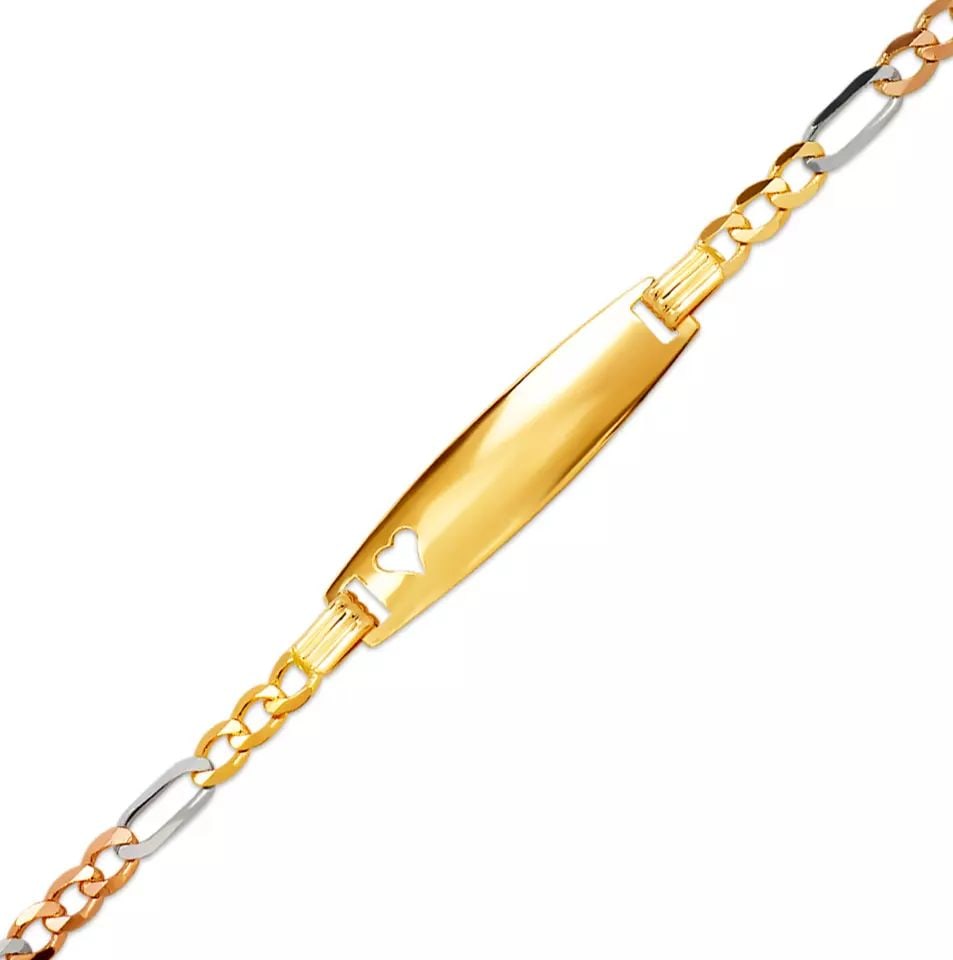 NEW 14K TRI COLOR GOLD HT KIDS FIGARO SHINY HEART ID BRACELET 14K Tricolor Gold 080 Gauge (5.6mm ID, (1 of 2)