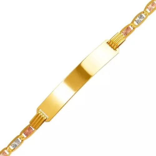 NEW 14K TRICOLOR GOLD VALENTINO ID BRACELET 14K Tricolor Gold Approx. 080 Gauge (ID: 6.5mm,: NEW 14K TRICOLOR GOLD VALENTINO ID BRACELET 14K Tricolor Gold Approx. 080 Gauge (ID: 6.5mm, Bracelet: 3.0mm) High Polished/Diamond Cut Lobster Lock Length 7" Weight: 4.5 Grams