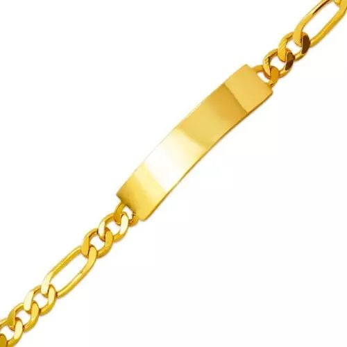 NEW 14K YELLOW GOLD KIDS FIGARO SHINY ID BRACELET 14K Yellow Gold Approx. 5mm ID, 4.5mm Shiny High: NEW 14K YELLOW GOLD KIDS FIGARO SHINY ID BRACELET 14K Yellow Gold Approx. 5mm ID, 4.5mm Shiny High Polished Lobster Clasp Length 6" Weight: 6.8 Grams