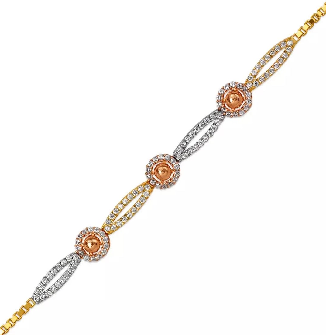NEW 14K TRI COLOR GOLD LADIES HIGH POLISHED FASHION BRACELET 14K Tricolor Gold Approx. 6.0mm Center,: NEW 14K TRI COLOR GOLD LADIES HIGH POLISHED FASHION BRACELET 14K Tricolor Gold Approx. 6.0mm Center, 1.0mm Bracelet High Polished Cubic Zirconia Lobster Lock Length 6" Weight: 4.2 Grams