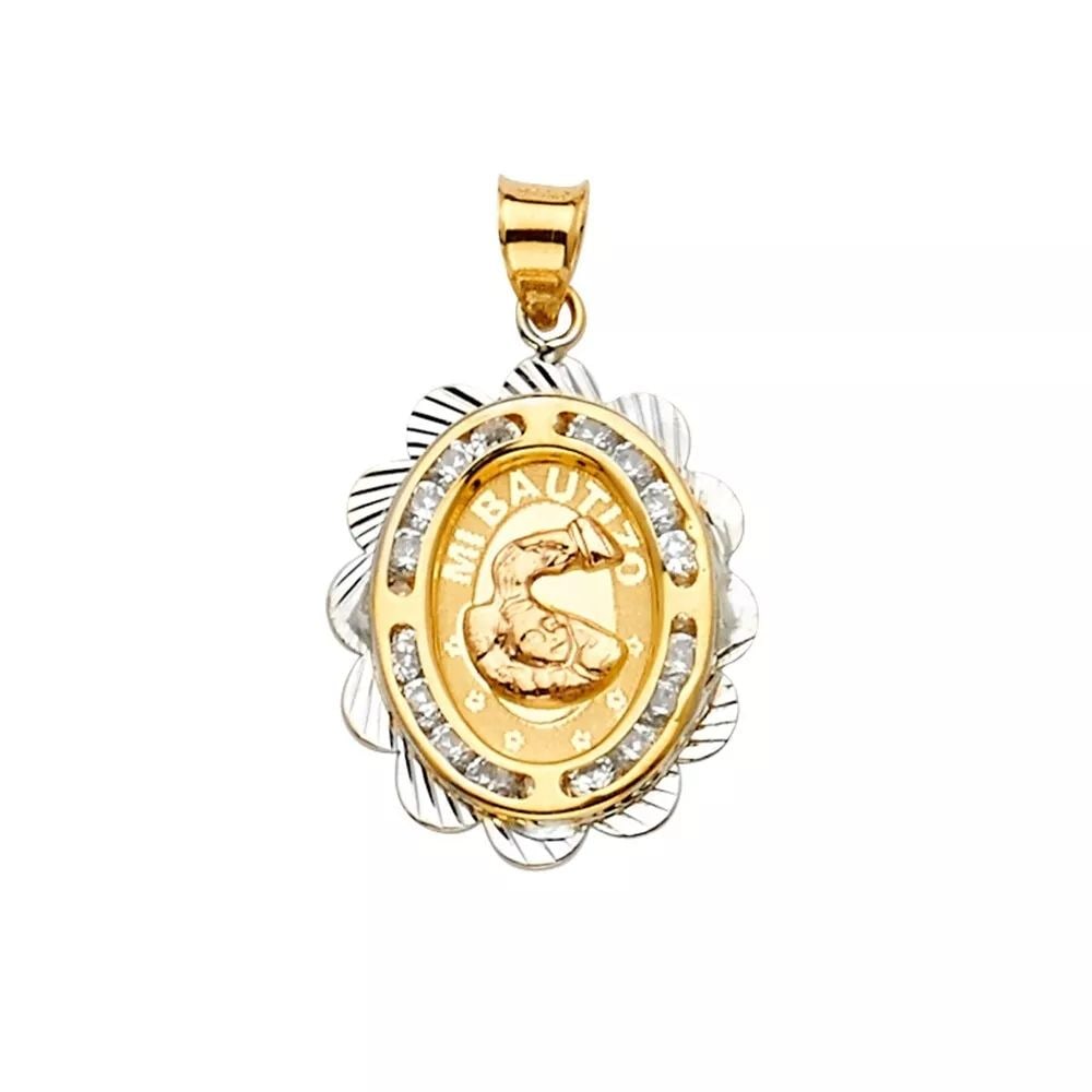 NEW 14K TWO TONE GOLD CZ BAPTISM MEDAL PENDANT 14K TWO TONE GOLD NEW CZ BAPTISM MEDAL PENDANT: NEW 14K TWO TONE GOLD CZ BAPTISM MEDAL PENDANT 14K TWO TONE GOLD NEW CZ BAPTISM MEDAL PENDANT WEIGHT: 1.3