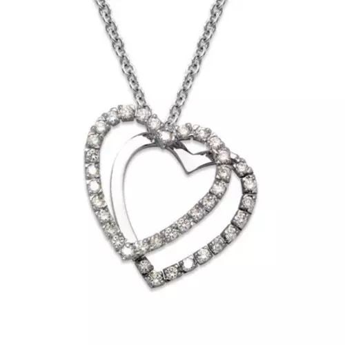 NEW 14K WHITE GOLD TWO HEARTS CZ PENDANT 14K White Gold Approx. 21x20mm High Polished/Cubic Zirconia: NEW 14K WHITE GOLD TWO HEARTS CZ PENDANT 14K White Gold Approx. 21x20mm High Polished/Cubic Zirconia Available in Yellow Gold Chains Sold Separately Weight: 3.8 Grams