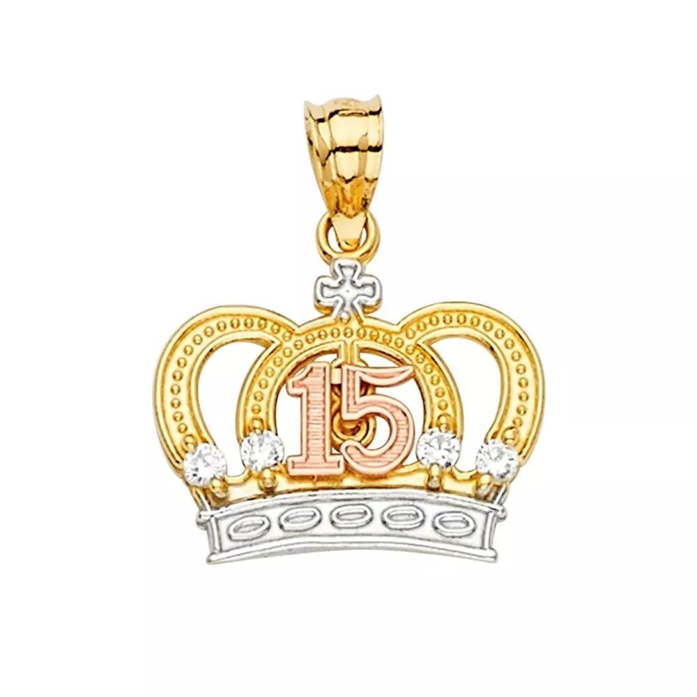 NEW 14K TRI COLOR GOLD 15 YEARS CZ CROWN PENDANT 14K TRI COLOR GOLD NEW 15 YEARS CZ CROWN PENDANT: NEW 14K TRI COLOR GOLD 15 YEARS CZ CROWN PENDANT 14K TRI COLOR GOLD NEW 15 YEARS CZ CROWN PENDANT WEIGHT: 1.7