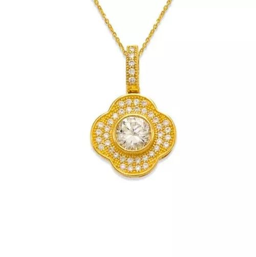 NEW 14K YELLOW GOLD FANCY FLOWER CZ PENDANT: NEW 14K YELLOW GOLD FANCY FLOWER CZ PENDANT 14K Yellow Gold Approx. 13x13mm Cubic Zirconia Items in this Set: Earrings Available as a Set Available in White Gold Chains Sold Separately Weight: 1.8 Gra