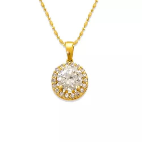 NEW 14K YELLOW GOLD FANCY ROUND SOLITAIRE CZ PENDANT: NEW 14K YELLOW GOLD FANCY ROUND SOLITAIRE CZ PENDANT 14K Yellow Gold Approx. 9x9mm Cubic Zirconia Items in this Set: Earrings Available in White Gold Chains Sold Separately Weight: 1.4 Grams